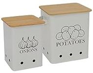 Kitchen Vegetable Storage Tins Set of 2 for Potatoes, Onion, with wooden lid Garlic Bin Caddy, Long Shelf Life-white