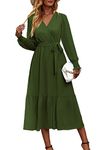 PRETTYGARDEN Women's Floral Print Boho Dress Long Sleeve Wrap V Neck Ruffle Belted A-Line Flowy Maxi Dresses (Solid Army Green,XX-Large)