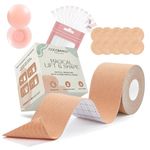 Cocobango Boob Tape for Breast Lift, Body Tape with 2 Reusable Nipple Covers, Invisible Boobtapes with 10 Disposable Nipple Covers, 20 Fashion Tapes, Boobie Tape No Bra - Deluxe Kit Beige