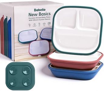Babelio 8'' Toddler Porcelain Plates with Silicone Suction Sleeves, Lead & BPA Free, Divided, Microwave & Dishwasher Safe, Stay Put, Suitable for Kids, 3 Pack