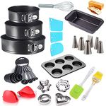 Xacton Combo of Bread Mould, 3Pcs Round Shape Cake Pan, Measuring Cup, Spatula, Brush, Gloves, Whisker, 6 Slot Muffin Tray, 3 Pcs Scrapper, Cake Icing Nozzle, 12Pc Cookie Cutter | Cake Making Tools