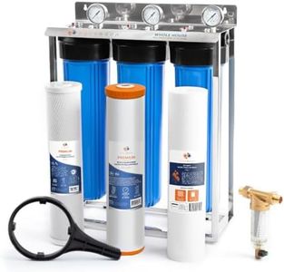 Aquaboon 3-Stage Whole House Water Filter System with 20x4.5 CTO, Iron & Manganese, Sediment Filters, Pressure Gauge & Release, Wrench, Steel Frame