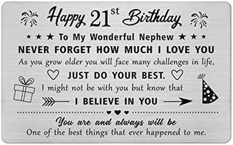 FALOGI Nephew 21st Birthday Card, Birthday Gifts Card for 21 Year Old Nephew, Metal Engraved Wallet Card