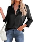 HOTOUCH Black Button Up Shirt Women Satin Ladies Long Sleeve Tops V Neck Loose Comfort Business Casual Tunic Tops XL