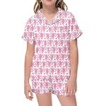 KAAFAL 2 Piece Floral Pajamas Set for Kids Y2K Short Sleeve Monkey Bunny Tiger Floral Pj Shorts Set Boys and Girls Button Pajamas Shorts Set Pink