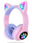 Kids Headphones,Cat Ear LED Light Up Foldable Kids Bluetooth Headphones,HD Stereo Sound Childrens Headphones Built in Microphone for PC/Phone/iPad/Study/Travel (Purple)