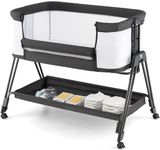 INFANS Bassinet Bedside Sleeper, Easy Folding Crib w/All-Side Mesh, Storage Shelf, 7 Adjustable Heights, Mattress & Travel Bag for Safe Co-Sleeping, Portable Bed for Newborn Infant -Black