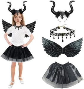 PIUMOJ Ensemble Déguisement Diable pour Enfant, Costume de Diable, Déguisement Diable Fille avec Corne du Diable Robe Tutu Ailes Noires Collier, Diable Costume pour Fête Halloween Carnaval Cosplay