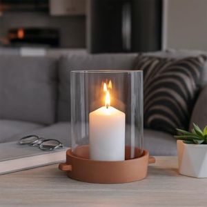 Minimalist Glass Hurricane Candle Holder with Terracotta Base - Decorative Pillar Candlestick Holder for Dining Table Centerpiece or Shelf Display - Stylish Candle Stand for Home Decor - 10" Brown