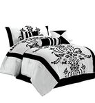 Chezmoi Collection 7-Piece White with Black Floral Flocking Comforter Set Bed-in-a-Bag for Queen Size Bedding, 90 by 92-Inch