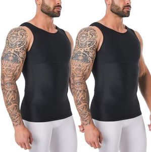 YOWODA Mens Body Shaper, Compression Shapewear Vest Slimming Undershirt Tank Top, Tummy Control Chest, Hide Gynecomastia, Black+black