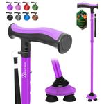 BeneCane Walking Cane for Men & Women Walking Stick for Seniors Folding Canes Quad Cane Adjustable Lightweight Sturdy Free Standing Collapsible Heavy Duty with Soft TPR T-Handle and Travel Bag Purple