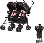 Dream On Me Volgo Twin Umbrella Stroller in Pink, Lightweight Double Stroller for Infant & Toddler, Compact Easy Fold, Large Storage Basket, Large and Adjustable Canopy