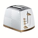 Russell Hobbs Groove 2 Slice Toaster (High Lift, Extra Wide Slots, 6 Browning levels, Frozen/Cancel/Reheat function - Illuminated buttons, Removable crumb tray, 850W, White, Brushed gold accents)26391