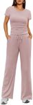 Ekouaer Women's 2 Piece Lounge Sets Ruched Short Sleeve Pajama Set High Waisted Wide Leg Pants Loungewear Outfits Light Pink