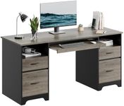 Bestier 59” Computer Desk with 4 Drawers, Office Desk with Storage, Industrial Executive Desk with File Drawer, Keyboard Tray & 2 Pedestals on Both Sides for Home Office & Studio, Grey