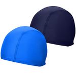 2 Pcs Elastic & Lightweight Swimming caps, Comfortable Fabric Swimming Hats for Women Men Kids and Adults, Unisex Nylon/Non-Slip Bathing Caps for Long Short Hair(Navy Blue+Lake Blue)