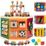 WOODMAM Farm Animal Activity Cube, 9-in-1 Wooden Montessori Toddler Toys, One Year Old First Birthday Gift, Baby Toy Set Including Magnetic Trains & Shape Sorter…