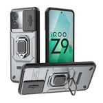 Casodon Heavy Duty Armor Back Case Cover for iQoo Z9 5G - Magnetic Kickstand Ring with Camera Shutter Protection, Rugged Bumper Hard Back Cover for iQoo Z9 5G (PC & TPU|Silver)