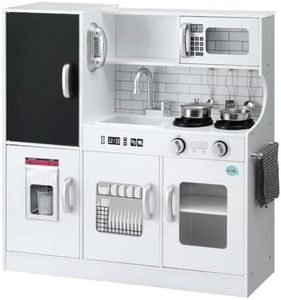 Keezi Kids Wooden Pretend Play Kitchen Playset w/Blackboard,Phone Microwave,Ice Maker,Dishwasher,Wooden Kitchen Toy with Accessories White