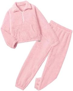 Yimoon Girls Fleece Pants Set Fuzzy 2 Piece Outfits Quarter-Zip Sweatshirt Pants Fall Winter Girls Clothing Set(Lightpink-5Y)