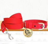 Kraftidy Dog Collar and Leash Belt Set with Name tag id Customized for Large Medium Small Puppy and Dogs Neck Collar and Rope Leash with Personalized Dog Name (Red) (Large Dogs)