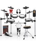 AKLOT Electric Drum Set with Kick-Tower: 4 Dual Zone Mesh Pads, 8’’ Tower-Style Kick Drum, 10’’ Snare, Dual Zone 10’’ Cymbals with Choke, 360 Sounds, User Kit, USB-MIDI, Throne, B-CORE 540 Air, Silver