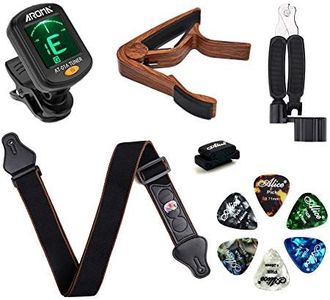 Meeland Guitar Accessories Kit, Clip On Guitar Tuner, Guitar Capo（Rosewood Colour）, Guitar String Winder Cutter Pin Puller 3 in 1 tool, Guitar Strap, 6 Guitar Picks(6 Thickness） (Brown+Strap)