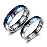 Bishilin 2Pcs Stainless Steel Couple Wedding Ring Set Him and Her Blue and Silver Tone with Zirconia Women Size P 1/2 & Men Size R 1/2