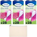 Tena Discreet Pads for Women Bundle with Ultra Mini Panty Liners Fresh Odour Control 3 Packs of 28 Pads and Wishesla Cream Fabric Bag for Stylish Storage