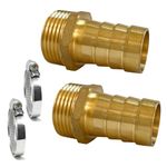 2Pcs Brass Barb Hose Fitting Connectors, Brass Pipe Fitting Adapter 1" Male Thread x 25mm Barbed for 1" Garden Hose Pipe Barb Tail Connector Kit with 2 Hose Clamps