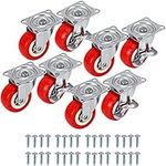 Kurtzy Heavy Duty Swivel Red Casters - 8 Pack, 50kg Load, Rubber Wheels, Metal Plates, Locking Brakes - Industrial, Furniture, Garage Use