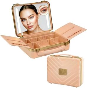 NJ GLAM Travel Makeup Case with LED Mirror - Durable Makeup Case with Lighted Mirror with 3 Adjustable Light Settings - Rechargeable Makeup bag with light up Mirror - Mini 10x mirror included
