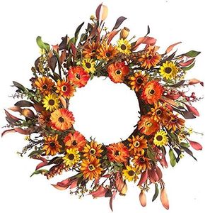 J'FLORU Artificial Fall Wreath 20 Inch Autumn Wreath for Front Door Thanksgiving Wreaths with Colorful Daisies for Wall Window Harvest Festival Celebration