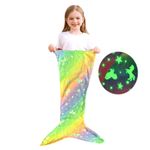 MUNSKT Kids Mermaid Tail Blanket, Glow In The Dark Blanket Unicorn and Mermaid Gifts for Girls, Little Mermaid Blanket Soft Flannel Fleece Toddler Mermaid Blanket with Rainbow Ombre Fish Scale Design