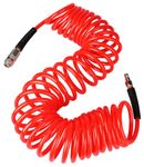 YOTOO Air Compressor Hose, Polyurethane Recoil Air Hose 10m Long 6mm ID x 9.5mm OD 450 PSI with Bend Restrictor, 1/4" Europe Quick Coupler and Plug, Red