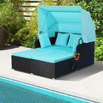 ORALNER Outdoor Daybed, 2-Person Wicker Chaise Lounge with Retractable Canopy, Cushions & Pillows, 2 Side Trays, Patio Double Sofa PE Rattan Sunbed Lounger for Deck Poolside Garden Balcony (Turquoise)