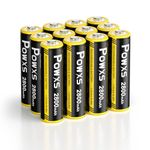 POWXS AA Rechargeable Batteries 2800mAh with 1200 Cycles, Pre-Charge & Durable Ni-MH AA Rechargeable Batteries with High Capacity and Leak-proof Design, Pack of 12