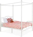 Best Choice Products 4-Post Metal Canopy Twin Bed Frame for Kids Bedroom, Guest Room w/Heart Scroll Design, 14-Slat Support System, Headboard, Footboard - White