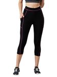 BLINKIN Women's 3/4 Gym Wear Skinny Fit Tights For Women With Side Pockets:Perfect For Active Wear,Yoga&Workout - The Ultimate Gym Pants For Women&Girls (015,Black With Pink Contrast Thread,Size_M)