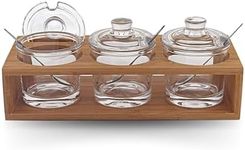 Badash Crystal Glass Jar Set - 10-Piece Glass Jars with Lids, Spoons, and Wood Stand for Jam, Honey, Spice, or Condiments - Ideal for Salad Dressing & Sauce