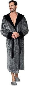 Lotus Linen Mens Plush Robe, Soft Hooded Long Robes for Men, Luxury mens bathrobes (US, Alpha, 3X-Large, Regular, Regular, Grey-Black)