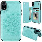 MMHUO for iPhone XR Case with Card Holder, Flower Magnetic Back Flip Case for iPhone XR Wallet Case for Women, Shockproof Protective Case Full Cover Phone Case for iPhone XR,Mint