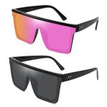 OCERAVE 2 Pair Square Flat Top Sunglasses for Women Men, Big Fashion Oversized Rimless Shades Large Mirrored Sunnies, Black + Purple, Large