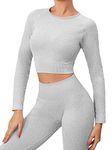 ZHENGHAO Buscando Womens Gym Sets 2 Piece Long Sleeve Workout Crop Top Tank Ribbed High Waist Seamless Leggings Tracksuits Activewear Yoga Outftis (L, Light Gray)