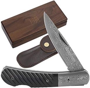 YOUSUNLONG Folding Pocket Knife 175mm - Damascus Steel Blade - Tactical Knife Good For Camping Hunting Survival - Include Leather Sheath And Wooden Knife Box - Buffalo Horn Handle