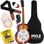 Pyle, Resophonic Acoustic Electric Guitar-6 Round Neck Sunburst Mahogany Traditional Resonator w/Built-in Pre Amplifier, Case Bag, Strap, Steel Strings, Tuner, Picks PGA500BR, White