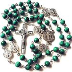 elegantmedical HANDMADE UNDOUBTED 6MM Green Malachite Jade Beads St. Benedict Rosary cross/crucifix Necklace Box Catholic Gift