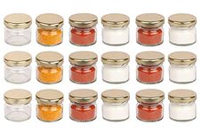 Pure Source India Round Mini Glass Jar Containers, Food Grade and BPA Free With Airtight Metal Gold Color Cap - 20 Gram, Pack of 18 Pieces, Clear