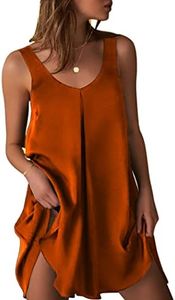 Ekouaer Silk Nightgown Women's Sleeveless Sleepwear Soft V Neck Nightshirt Satin Pleated Short Tank Sleep Dress S-XXL, Caramel, Large